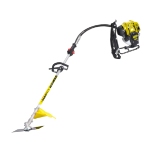 Powerful brush cutter with ergonomic handle and durable steel blades, perfect for clearing dense vegetation and overgrown grass in outdoor spaces.